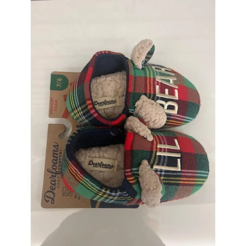 Dearfoams Cozy Comfort Lil Bear Plaid Baby Shoes Size 7/8